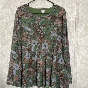 Love Fire Long Sleeve Green Brown Floral Boho Peplum Poly Spandex Lined Blouse
